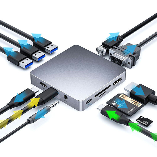 Multi-port USB-C adapter with HDMI, VGA, Ethernet, and USB 3.0