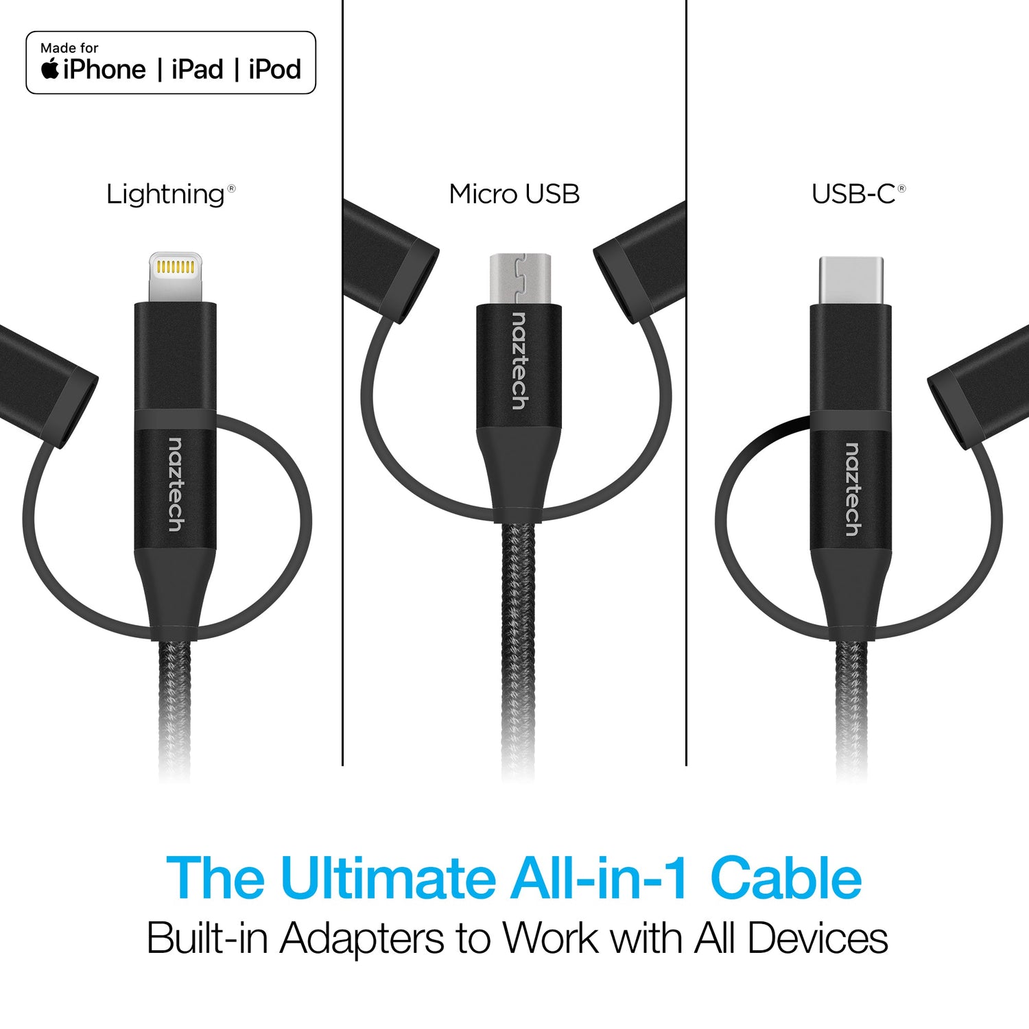 Naztech 3X1 Micro Lightning & USB-C Charge & Sync 6ft Cable